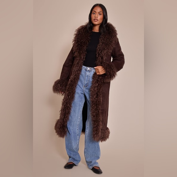 PRETTY LITTLE THING CHOCOLATE BROWN FAUX FUR TRIM MAXI COAT - Picture 1 of 5